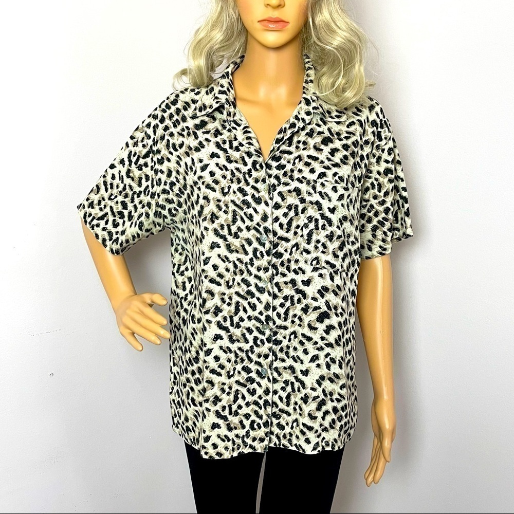 Vintage Women's 100% Silk Animal Print Button-Down Top, Size Medium